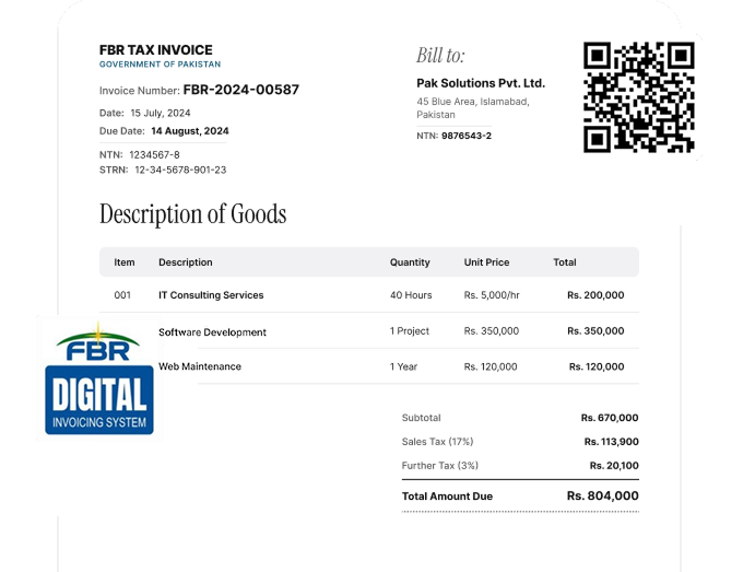 Sample FBR digital invoice with QR code